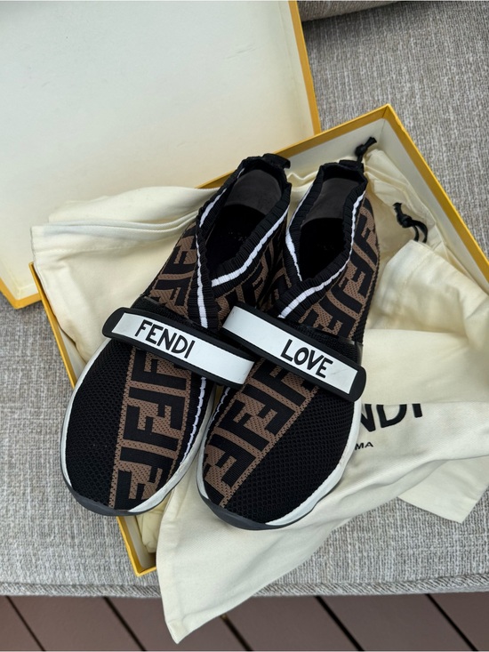 Fendi Shoes - Fendi Black Brown Logo Knit Slip-On Sneakers with 'FENDI' 'LOVE' Straps Size 39